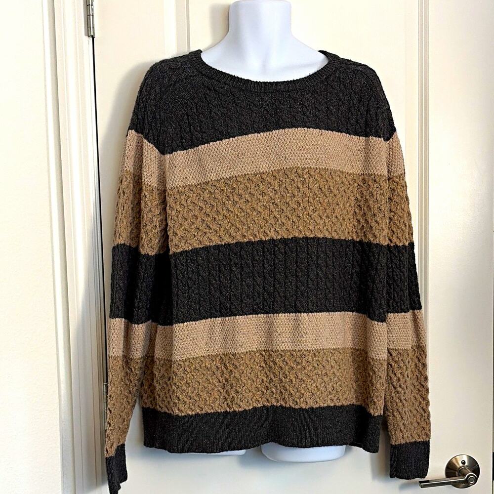 Mutual Weave Men's XL Striped Cable-Knit Crew Neck Pullover Sweater Brown Gray